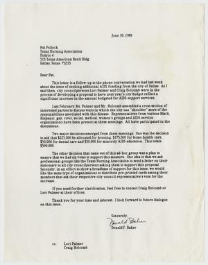Primary view of object titled '[Letter from Don Baker to Pat Pollock concerning funding for AIDS support services]'.