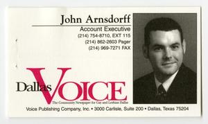 Primary view of object titled '[Business card for Dallas Voice account executive John Arnsdorff and a note from Al Daniels to a homeowner]'.