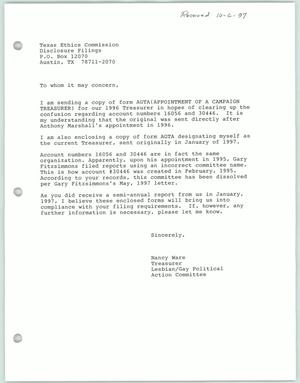 Primary view of object titled '[Letter from Nancy Ware to the Texas Ethics Commission concerning paperwork for treasurer of the Lesbian Gay Political Action Committee]'.