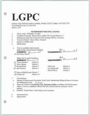 Primary view of object titled '[Lesbian Gay Political Coalition membership meeting agenda for April 1997]'.