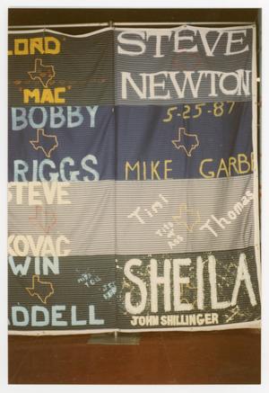 Primary view of object titled '[Quilt Section with Dedications to Steve Newton, Mike Garb, Timi Thomas, and John Shillinger]'.