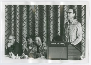 Primary view of object titled '[Robert Hine speaking at the Jackson Lake Lodge]'.
