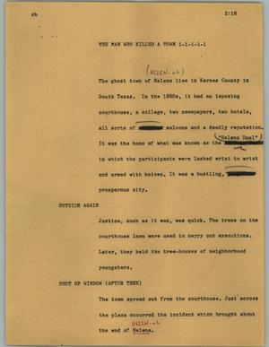 Primary view of object titled '[News Script: The man who killed a town]'.