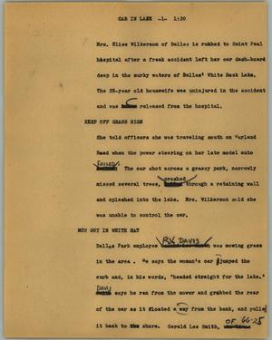 Primary view of object titled '[News Script: Car in lake]'.