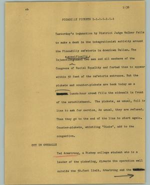 Primary view of object titled '[News Script: Picadilly pickets]'.