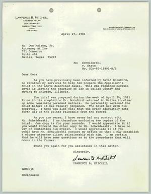 Primary view of object titled '[Letter from Lawrence B. Mitchell to Donald J. Maison, Jr., April 27, 1981]'.