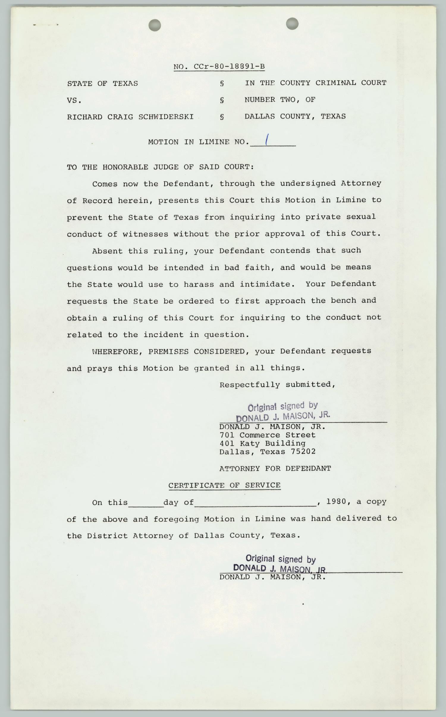 Certificate of Service: State of Texas v Richard Craig Schwiderski