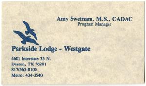 Primary view of object titled '[Parkside Lodge-Westside: Amy Swetman business card]'.