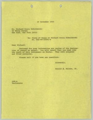 Primary view of object titled '[Letter from Donald J. Maison, Jr. to Richard Craig Schwiderski, November 18, 1980]'.