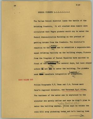 Primary view of object titled '[News Script: Schools pickets]'.