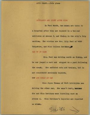 Primary view of object titled '[News Script: Auto crash... folo plane]'.