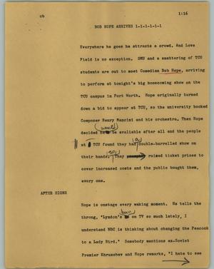 Primary view of object titled '[News Script: Bob Hope arrives]'.
