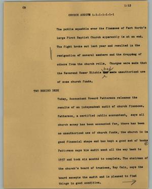 Primary view of object titled '[News Script: Church audit]'.