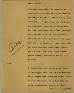 Primary view of object titled '[News Script: New jet service]'.
