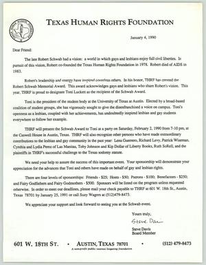 Primary view of object titled '[Letter from Steve Davis to members of the Texas Human Rights Foundation regarding the Robert Schwab Memorial Award]'.