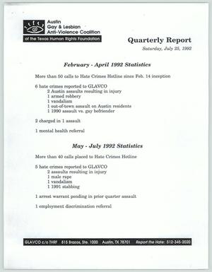 Primary view of object titled '[Quarterly report for the Austin Gay & Lesbian Anti-Violence Coalition of the Texas Human Rights Foundation]'.