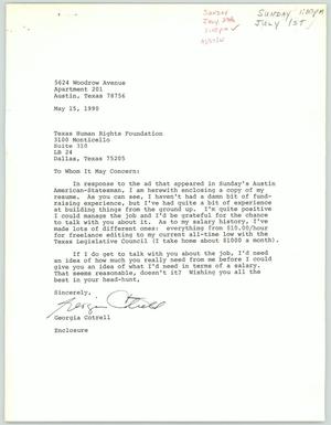 Primary view of object titled '[Letter from Georgia Cotrell to the Texas Human Rights Foundation, May 15, 1990]'.