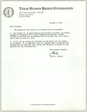 Primary view of object titled '[Letter from Frank Stenger to Texas Human Rights Foundation trustees about a future meeting]'.