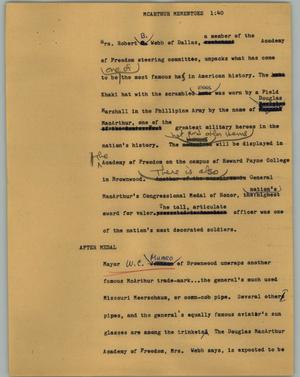 Primary view of object titled '[News Script: Macarthur mementoes]'.
