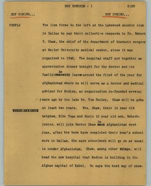 Primary view of object titled '[News Script: Doc honored]'.