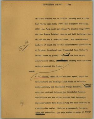 Primary view of object titled '[News Script: Ironworkers strike]'.
