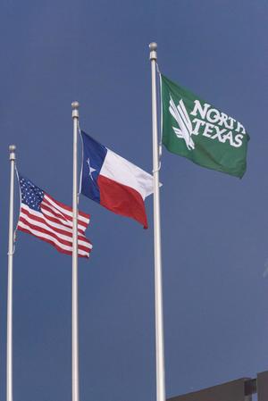Primary view of object titled '[United States, Texas State and University of North Texas Flags]'.
