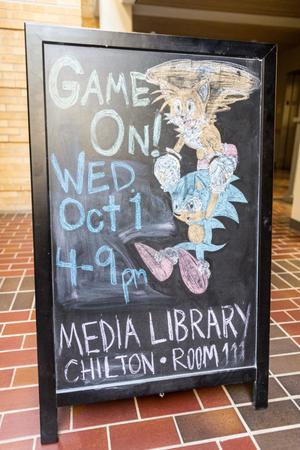 Primary view of object titled '[Sign advertising 'Game On!' event at the Media Library, Chilton Hall]'.