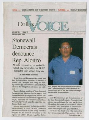 Primary view of object titled '[Newspaper clipping: Stonewall Democrats denounce Rep. Alonzo]'.