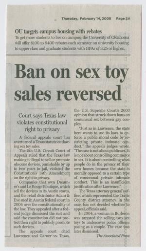 Primary view of object titled '[Newspaper clipping: Ban on sex toy sales reversed]'.