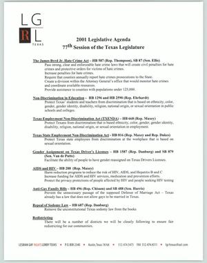 Primary view of object titled '2001 Legislative Agenda 77th Session of the Texas Legislature'.