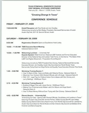 Primary view of object titled '[2009 Texas Stonewall Democratic Caucus conference schedule]'.
