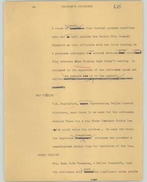 Primary view of object titled '[News Script: Peddler's ordinance]'.