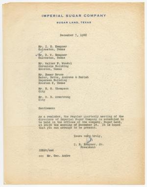 Primary view of object titled '[Letter from I. H. Kempner, Jr., to Directors of Imperial Sugar Company, December 7, 1948]'.
