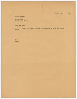 [Letter from D. W. Kempner to A. H. Weth, April 14, 1948]