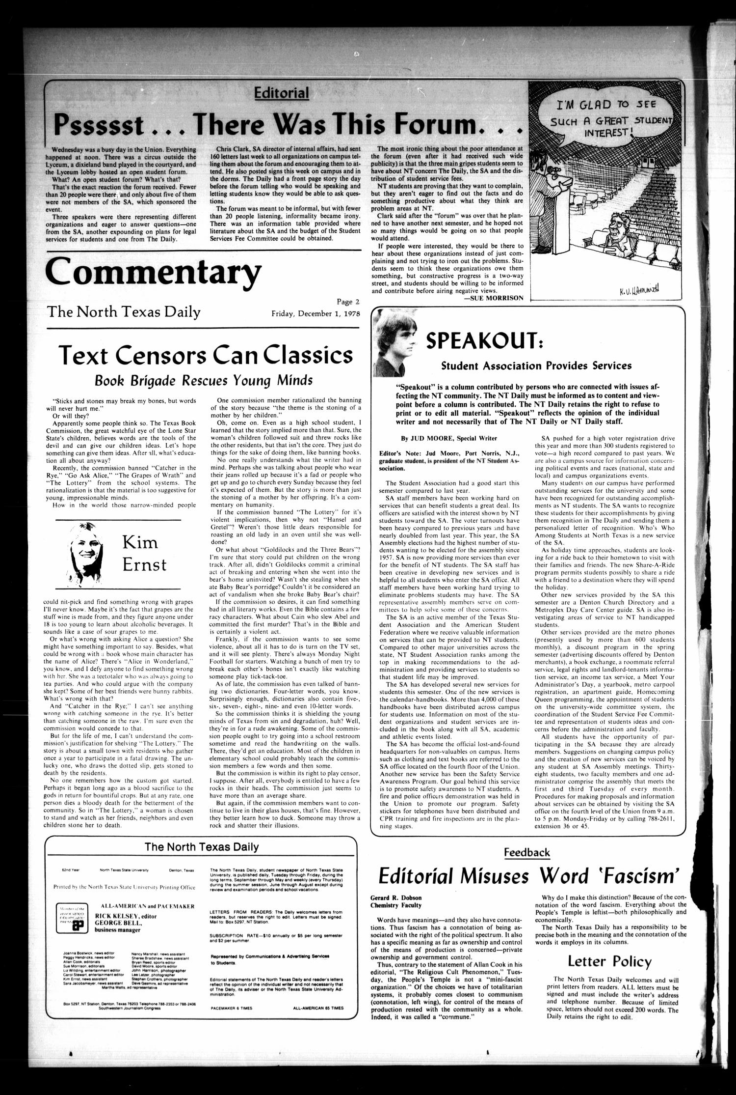 The North Texas Daily (Denton, Tex.), Vol. 62, No. 52, Ed. 1 Friday, December 1, 1978
                                                
                                                    [Sequence #]: 2 of 8
                                                