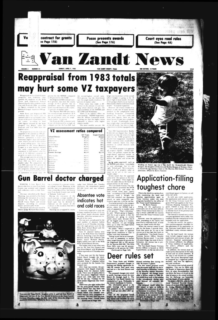 Van Zandt News Wills Point Tex Vol 3 No 44 Ed 1 Sunday April 7 1985 The Portal To Texas History