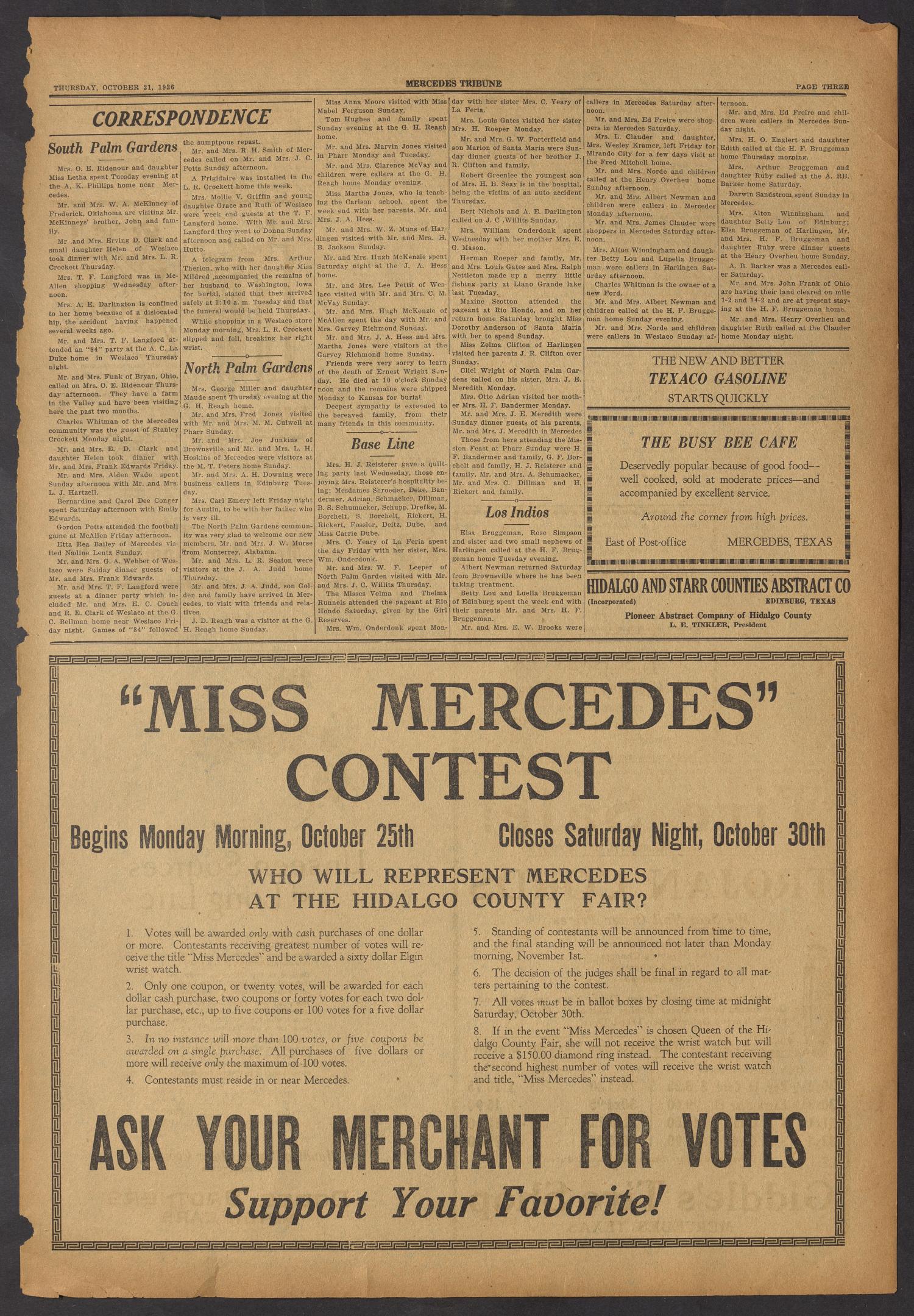 Mercedes Tribune (Mercedes, Tex.), Vol. 13, No. 37, Ed. 1 Thursday, October 21, 1926
                                                
                                                    [Sequence #]: 3 of 12
                                                