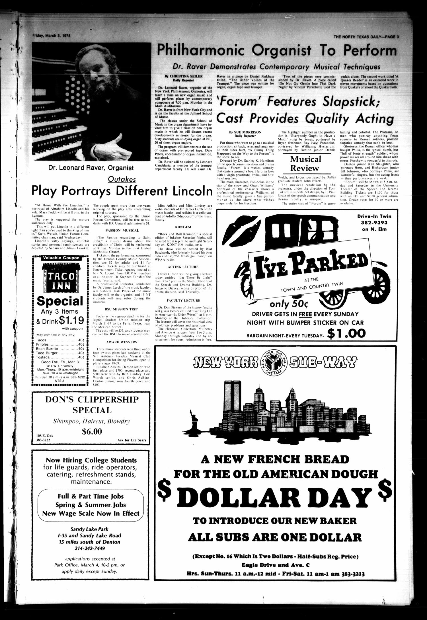 The North Texas Daily (Denton, Tex.), Vol. 61, No. 78, Ed. 1 Friday, March 3, 1978
                                                
                                                    [Sequence #]: 3 of 6
                                                