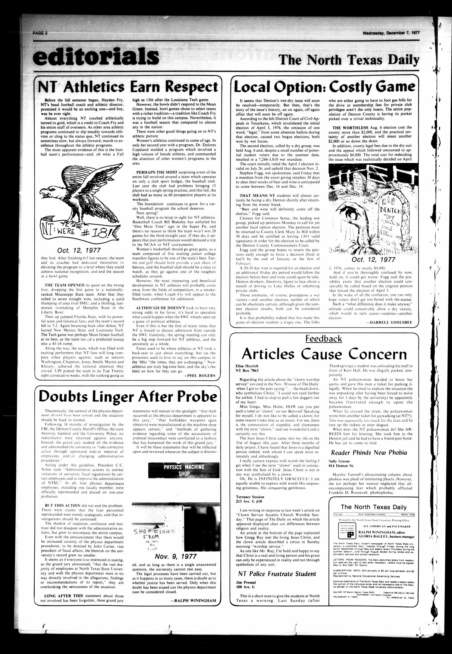 The North Texas Daily (Denton, Tex.), Vol. 61, No. 55, Ed. 1 Wednesday, December 7, 1977
                                                
                                                    [Sequence #]: 2 of 23
                                                