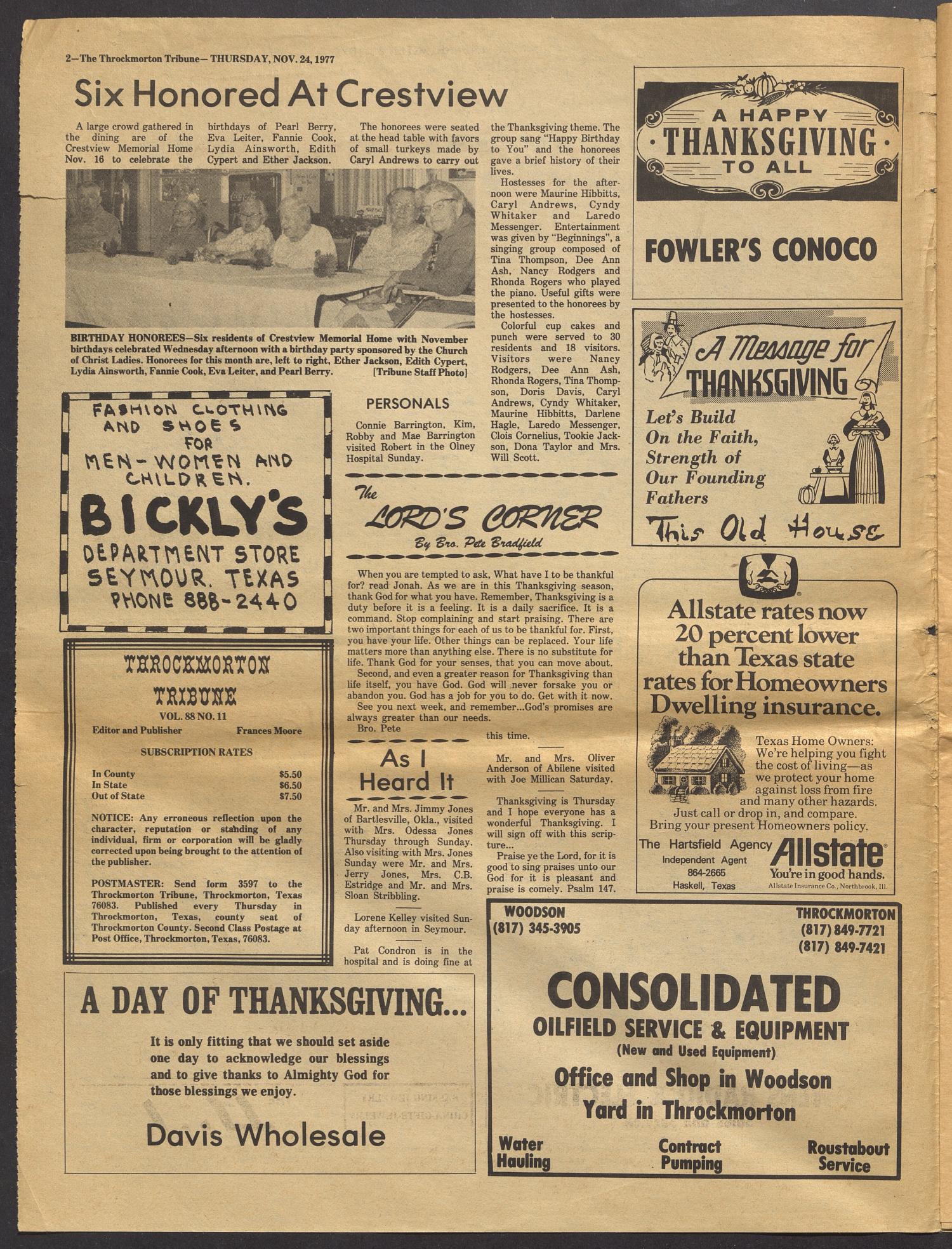 Throckmorton Tribune (Throckmorton, Tex.), Vol. 88, No. 11, Ed. 1 Thursday, November 24, 1977
                                                
                                                    [Sequence #]: 2 of 12
                                                