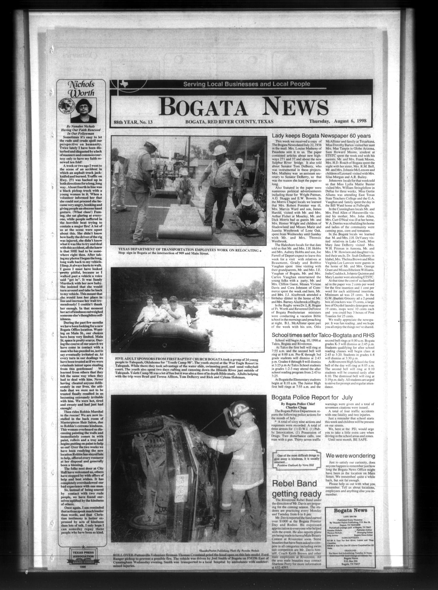 Bogata News (Bogata, Tex.), Vol. 88, No. 13, Ed. 1 Thursday, August 6, 1998
                                                
                                                    [Sequence #]: 1 of 12
                                                