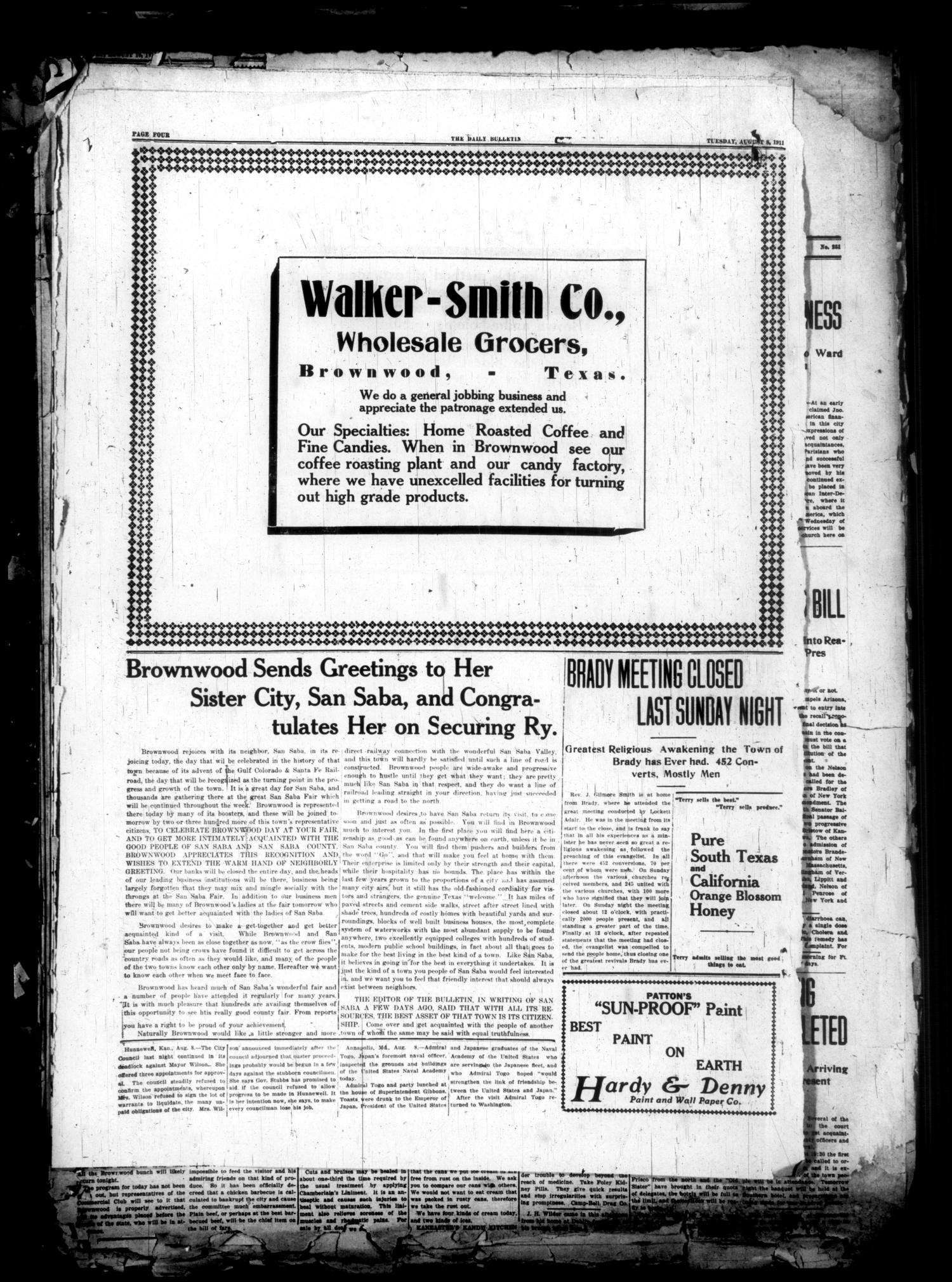 Daily Bulletin. (Brownwood, Tex.), Vol. 11, No. 250, Ed. 1 Tuesday, August 8, 1911
                                                
                                                    [Sequence #]: 4 of 8
                                                