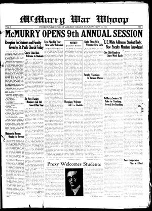 McMurry War Whoop (Abilene, Tex.), Vol. 9, No. 1, Ed. 1, Saturday, September 12, 1931