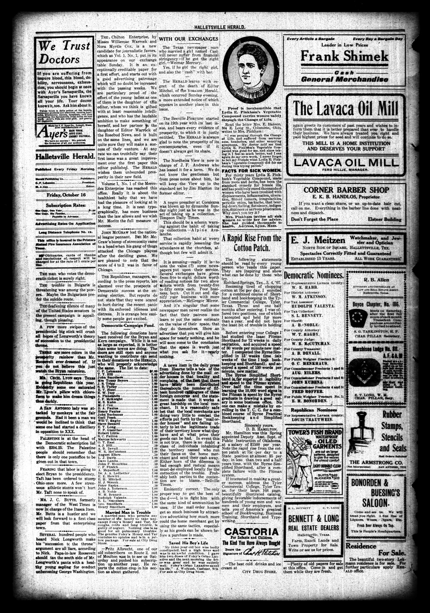 Halletsville Herald. (Hallettsville, Tex.), Vol. 37, No. 33, Ed. 1 Friday, October 16, 1908
                                                
                                                    [Sequence #]: 4 of 8
                                                