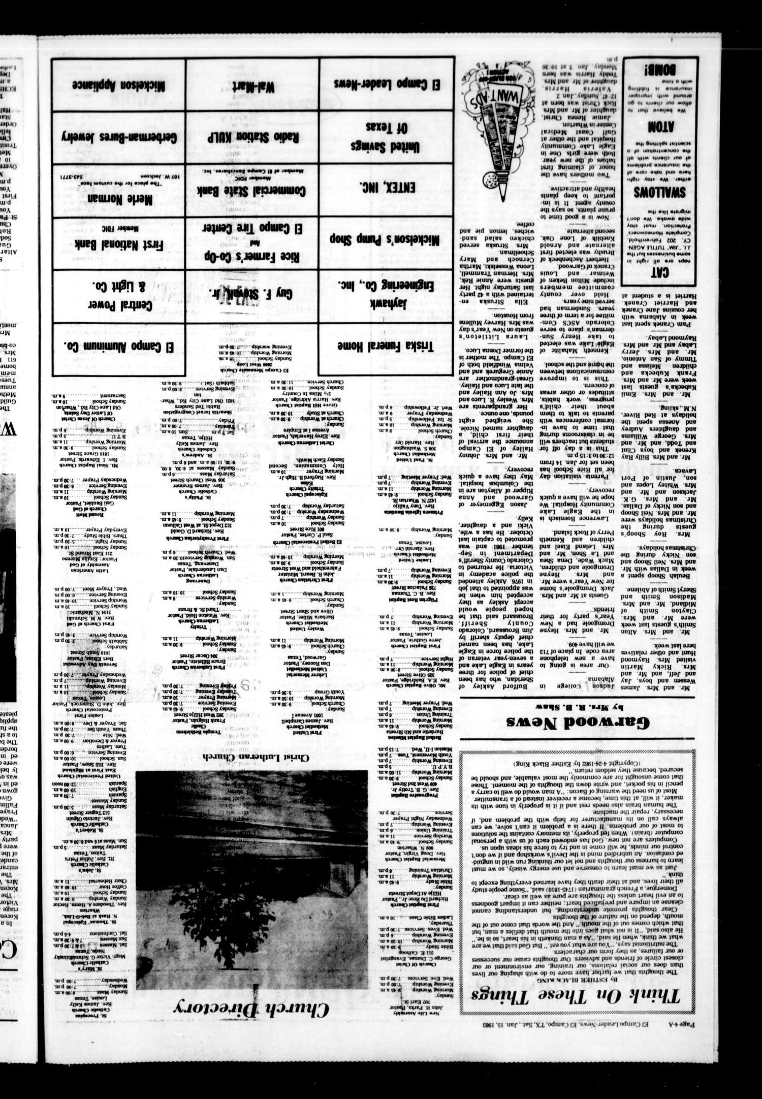 El Campo Leader-News (El Campo, Tex.), Vol. 98, No. 85, Ed. 1 Saturday, January 15, 1983
                                                
                                                    [Sequence #]: 4 of 26
                                                