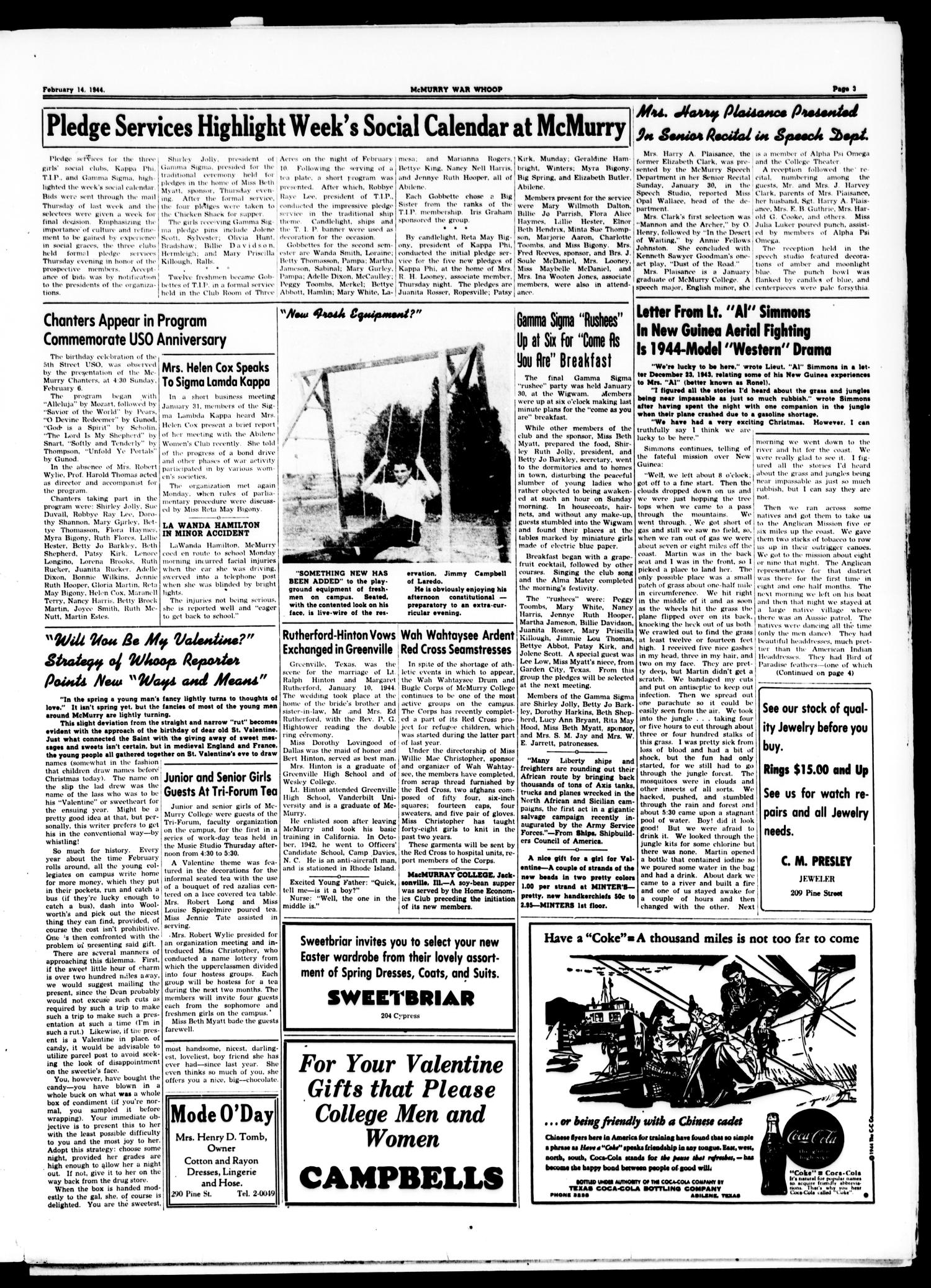 McMurry War Whoop (Abilene, Tex.), Vol. 21, No. 10, Ed. 1, Saturday, February 12, 1944
                                                
                                                    [Sequence #]: 3 of 4
                                                