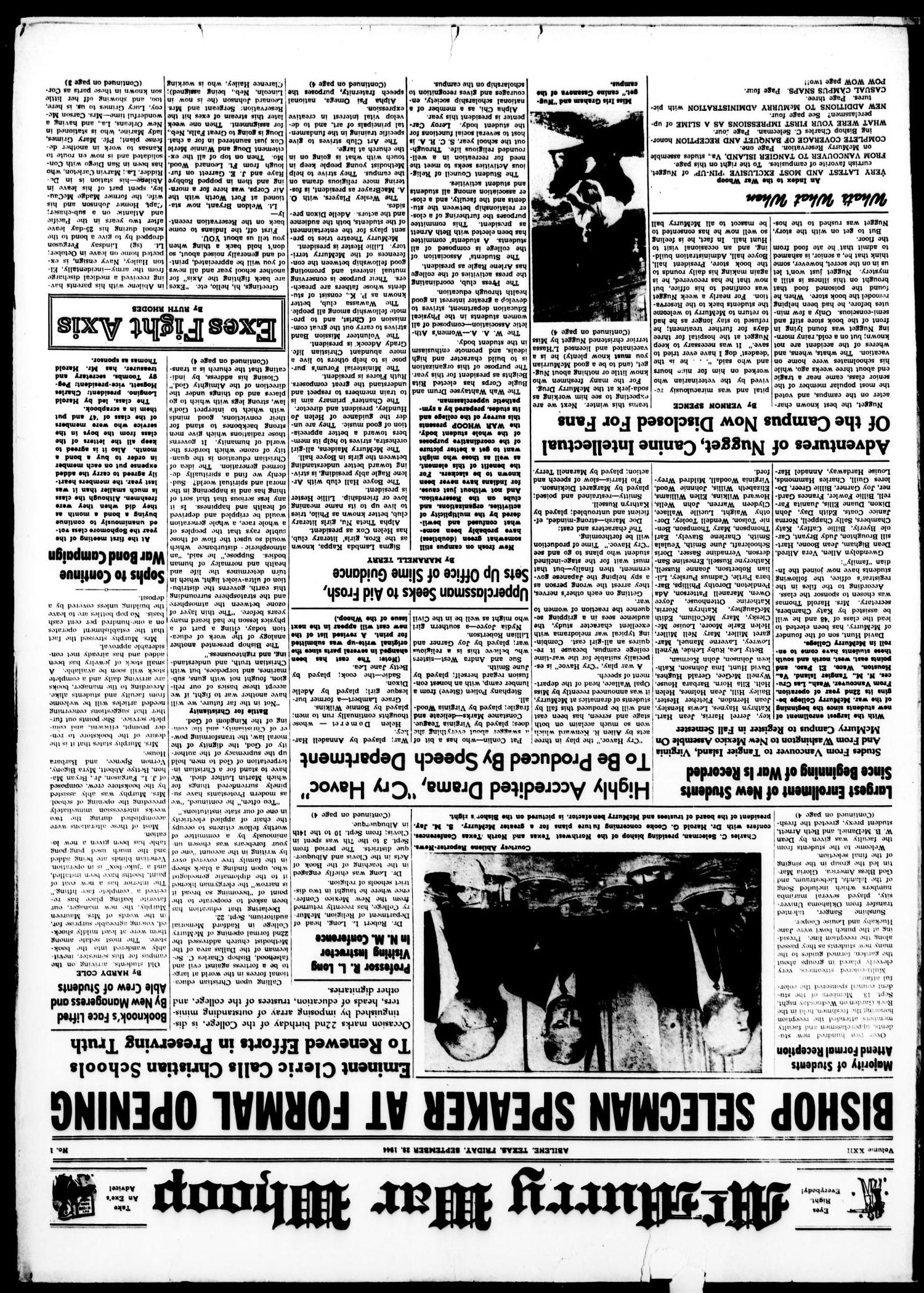 McMurry War Whoop (Abilene, Tex.), Vol. 22, No. 1, Ed. 1, Friday, September 29, 1944
                                                
                                                    [Sequence #]: 1 of 4
                                                