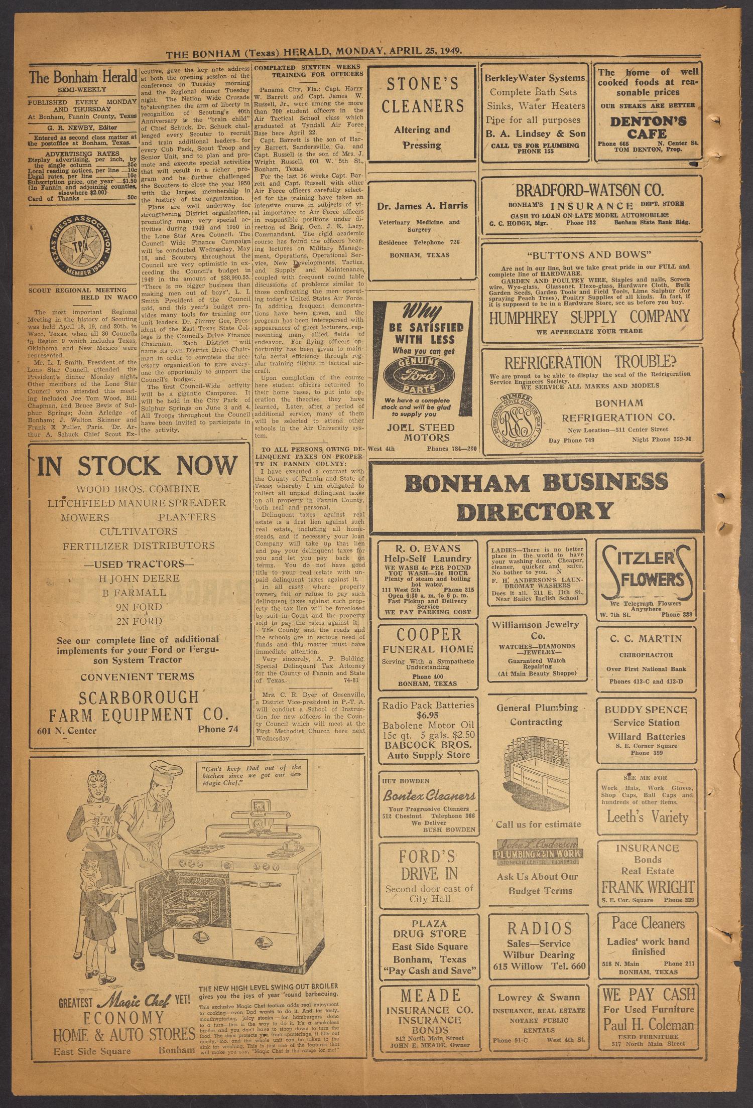 The Bonham Herald (Bonham, Tex.), Vol. 22, No. 77, Ed. 1 Monday, April 25, 1949
                                                
                                                    [Sequence #]: 4 of 8
                                                