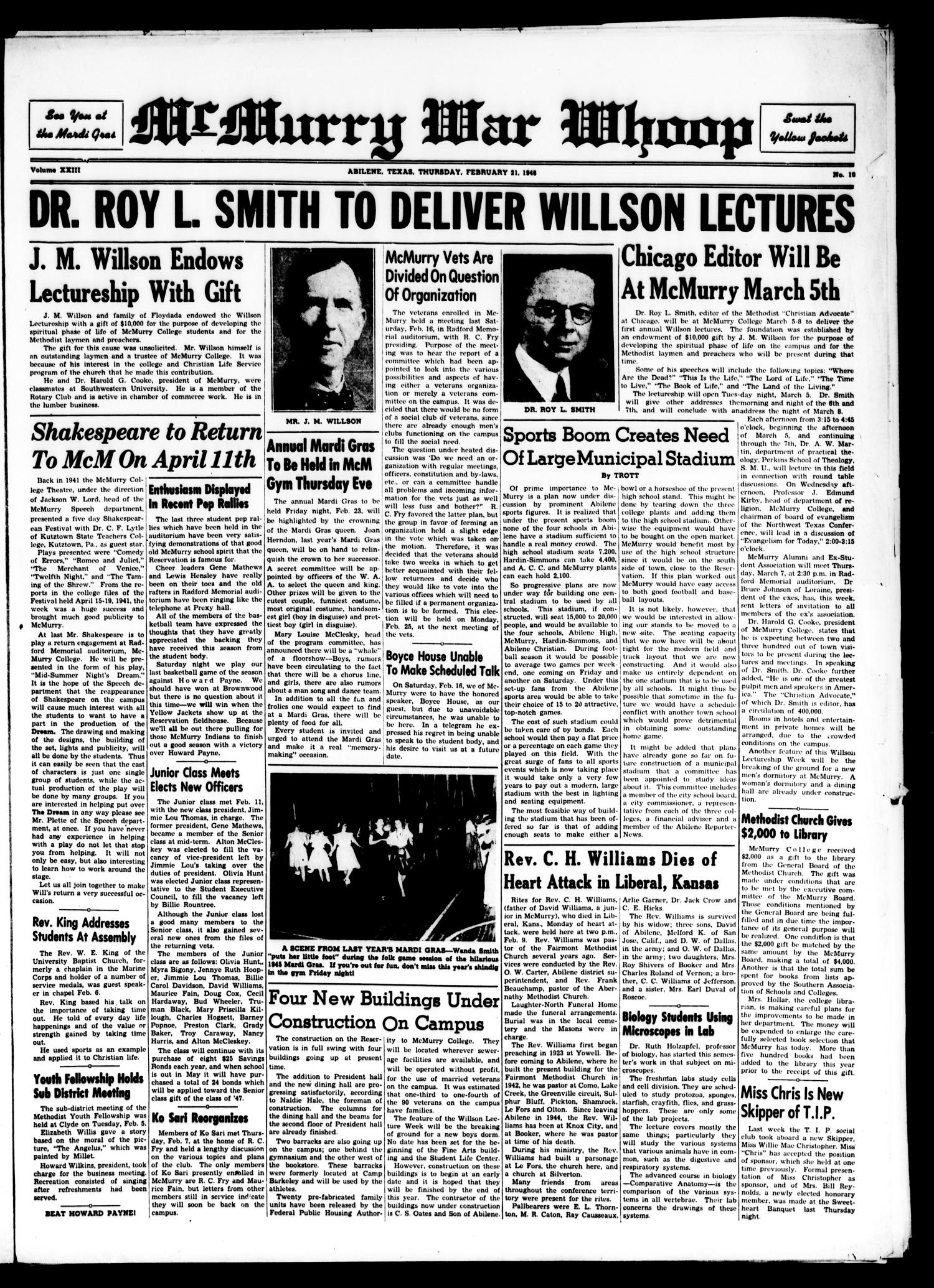McMurry War Whoop (Abilene, Tex.), Vol. 23, No. 10, Ed. 1, Thursday, February 21, 1946
                                                
                                                    [Sequence #]: 1 of 4
                                                
