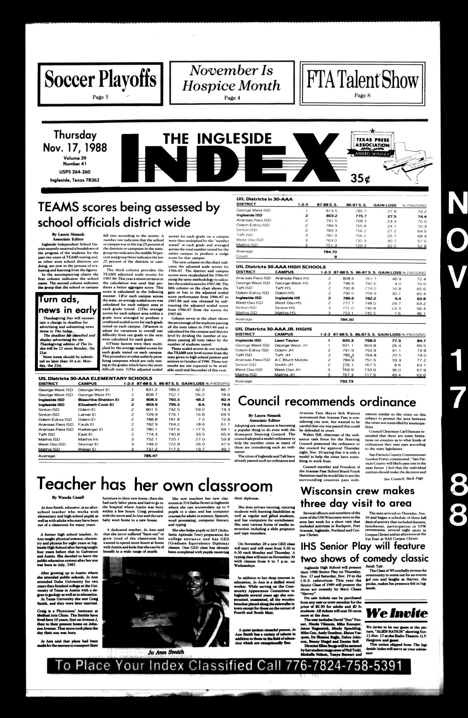 The Ingleside Index (Ingleside, Tex.), Vol. 39, No. 41, Ed. 1 Thursday, November 17, 1988
                                                
                                                    [Sequence #]: 1 of 11
                                                